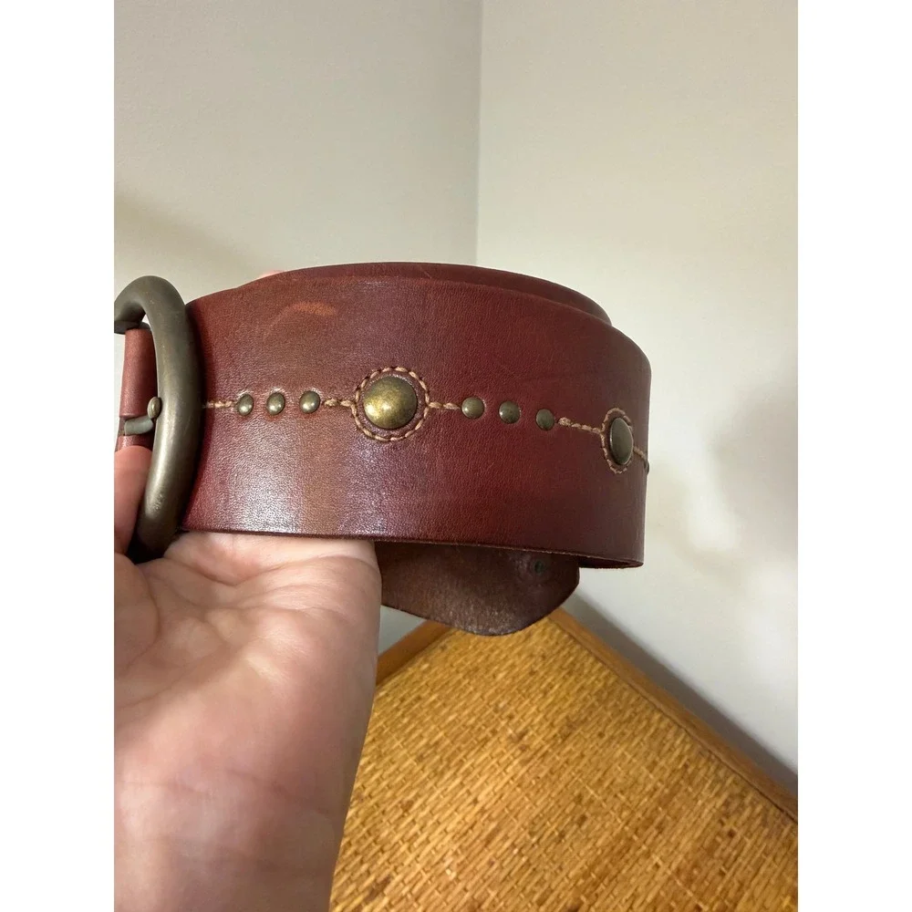 Fossil Wide Leather Belt Brown Studded Brass Horseshoe Ring Buckle Boho Western